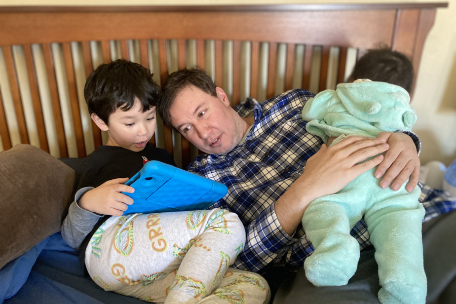 John, Ryker and Raelyn - chilling in bed at the barn, January 2024 in Kalispell